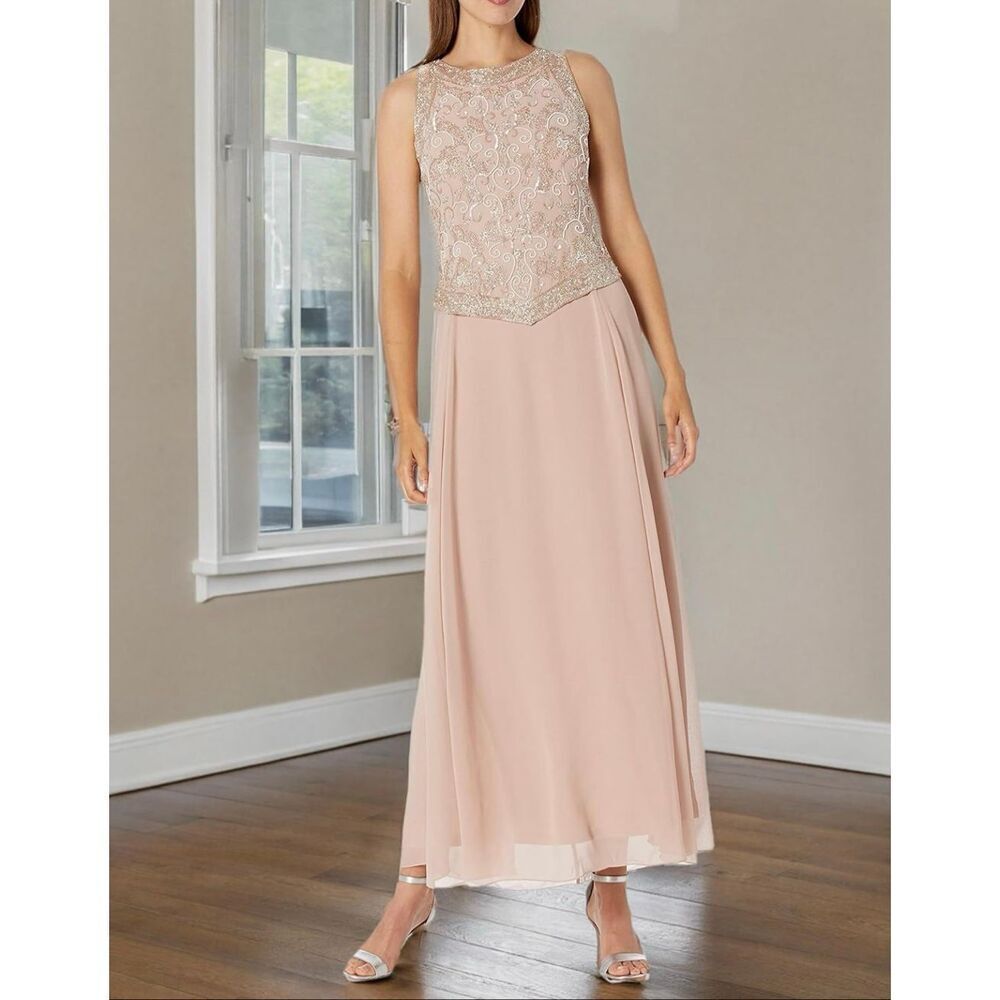 J KARA Sz 6 Beaded Top Long Gown Dress Blush Pink Formal Special Occasion Modest